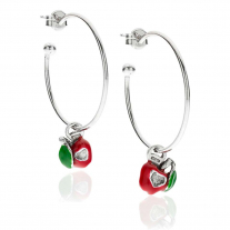 Large Hoop Earrings with Right and Left Apple Heart Charms in Sterling Silver and Enamel