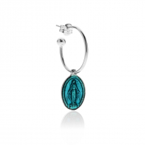 Medium Hoop Single Earring with Miraculous Madonna Charm in Sterling Silver and Turquoise Enamel