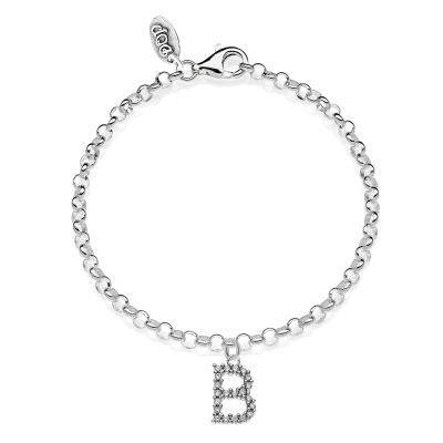 Rolo Mini Bracelet with Sparkling Letter B Charm in Sterling Silver