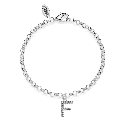 Rolo Mini Bracelet with Sparkling Letter F Charm in Sterling Silver