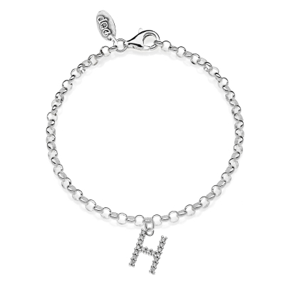Rolo Mini Bracelet with Sparkling Letter H Charm in Sterling Silver