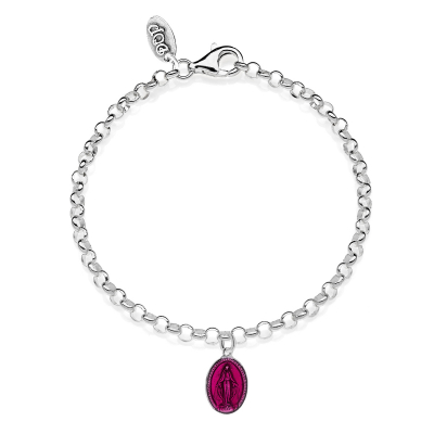 Rolo Mini Bracelet with Miraculous Madonna Charm in Sterling Silver and Pink Enamel