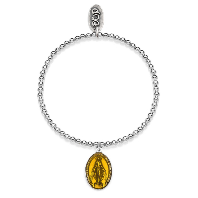 Elastic Boule Bracelet with Miraculous Madonna Charm in Sterling Silver and Yellow Enamel