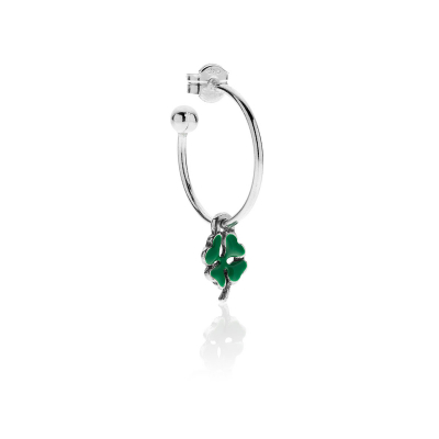 Single Medium Hoop Earring with Mini Four-Leaf Clover Charm in Sterling Silver and Enamel