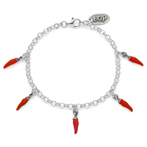 Rolo Mini Bracelet with 5 Mini Chili Pepper Charms in Sterling Silver and Red Enamel