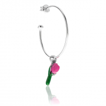 Large Hoop Single Earring with Tulip Charm in Sterling Silver and Pink Enamel