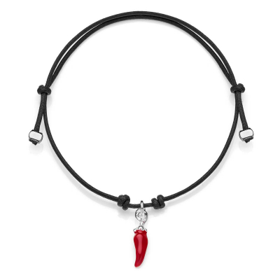 Mini Bracelet in Black Waxed Cotton with Mini Chili Pepper Charm in Sterling Silver and Red Enamel
