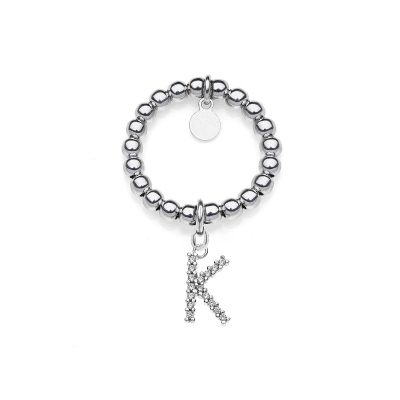 Elastic Boule Ring with Sparkling Letter K Charm in Sterling Silver