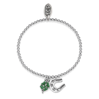 Elastic Boule Bracelet with Mini Horseshoe Charms and Four-Leaf Clover Lucky Charm in Sterling Silver and Enamel