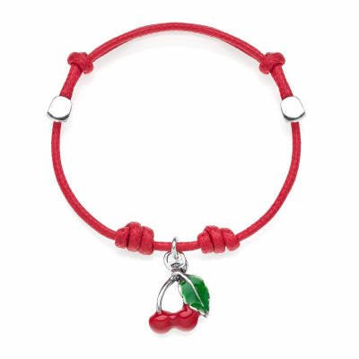 Cotton Cord Bracelet with Cherry Charm in Sterling Silver and Enamel