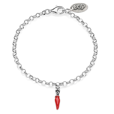 Rolo Mini Bracelet with Mini Chili Pepper Charm in Sterling Silver and Red Enamel
