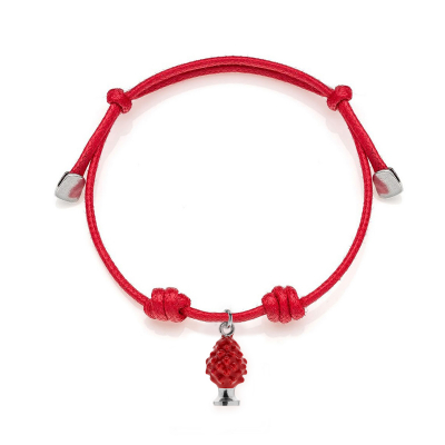 Cotton Cord Bracelet with Pinecone Charm in Sterling Silver and Red Enamel