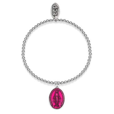 Elastic Boule Bracelet with Miraculous Madonna Charm in Sterling Silver and Pink Enamel