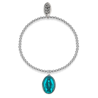 Boule Elastic Bracelet with Miraculous Madonna Charm Silver Sterling and Turquoise Enamel