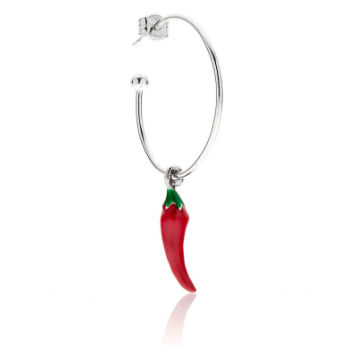 Large Hoop Single Earring with Chili Pepper Charm in Sterling Silver and Enamel