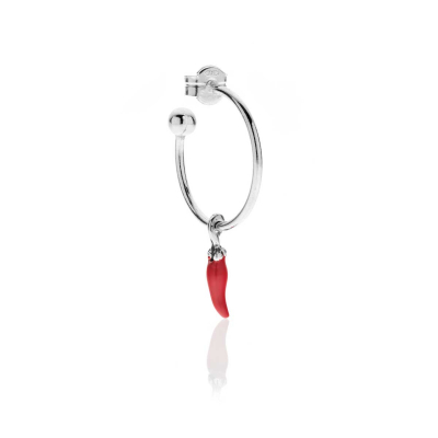 Medium Hoop Single Earring with Mini Chili Pepper Charm in Sterling Silver and Red Enamel