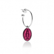 Medium Hoop Single Earring with Miraculous Madonna Charm in Sterling Silver and Pink Enamel