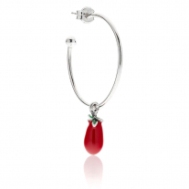 Large Hoop Single Earring with San Marzano Tomato Charm in Sterling Silver and Enamel