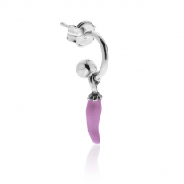 Small Hoop Single Earring with Mini Chili Pepper Lucky Charm in Sterling Silver and Lilac Enamel