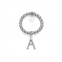 Elastic Boule Ring with Sparkling Letter A Charm in Sterling Silver