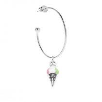 Large Hoop Single Earring with Ice Cream Cone Charm in Sterling Silver and Enamel