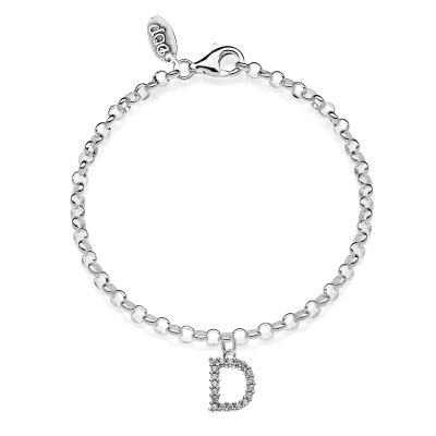 Rolo Mini Bracelet with Sparkling Letter D Charm in Sterling Silver