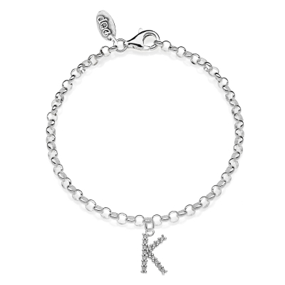 Rolo Mini Bracelet with Sparkling Letter K Charm in Sterling Silver