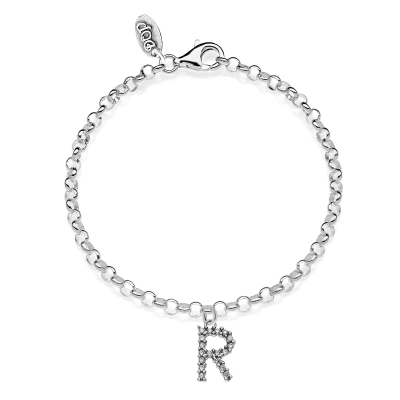 Rolo Mini Bracelet with Sparkling Letter R Charm in Sterling Silver