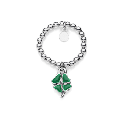 Elastic Boule Ring with Mini Four-Leaf Clover Charm in Sterling Silver and Enamel