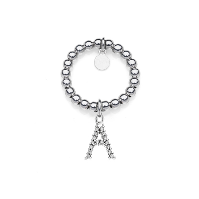 Elastic Boule Ring with Sparkling Letter A Charm in Sterling Silver