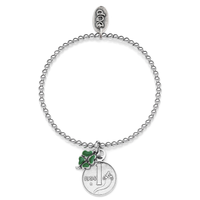 Elastic Boule Bracelet with 1 Lira Cornucopia Coin and Mini Four-Leaf Clover Lucky Charms in Sterling Silver and Enamel