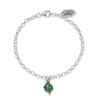 Rolo Mini Bracelet with Mini Four-Leaf Clover Charm in Sterling Silver and Enamel