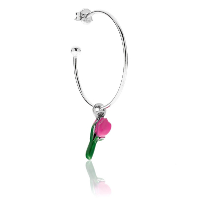 Large Hoop Single Earring with Tulip Charm in Sterling Silver and Pink Enamel