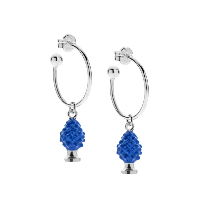 Medium Hoop Earrings with Pinecone Charm in Sterling Silver and Blue Enamel 