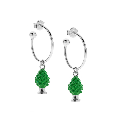 Medium Hoop Earrings with Pinecone Charm in Sterling Silver and Green Enamel 