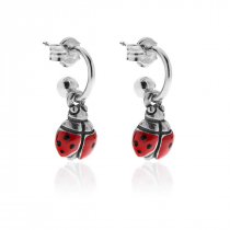 Small Hoop Earrings with Ladybug Charm in Sterling Silver and Enamel
