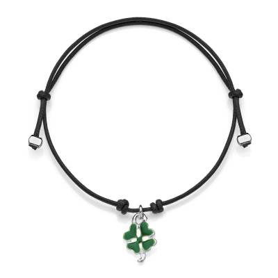 Mini Bracelet in Black Waxed Cotton with Mini Four-Leaf Clover Charm in Sterling Silver and Enamel
