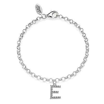 Rolo Mini Bracelet with Sparkling Letter E Charm in Sterling Silver