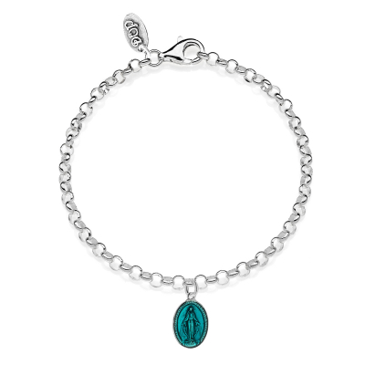 Rolo Mini Bracelet with Miraculous Madonna Charm in Sterling Silver and Turquoise Enamel