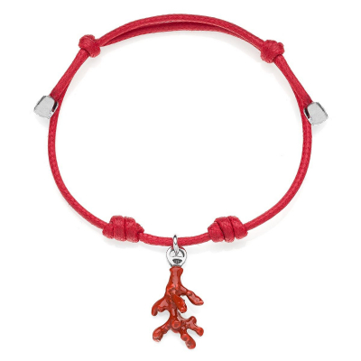 Cotton Cord Bracelet with Coral Charm in Sterling Silver and Enamel