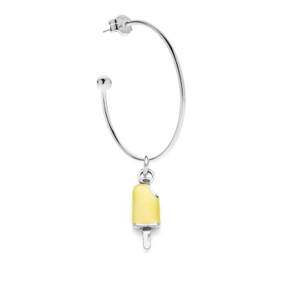 Large Hoop Single Earring with Lemon Popsicle Charm in Sterling Silver and Enamel