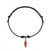Mini Bracelet in Black Waxed Cotton with Mini Chili Pepper Charm in Sterling Silver and Red Enamel
