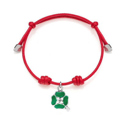 Cotton Cord Bracelet with Four-Leaf Clover Charm in Sterling Silver and Enamel