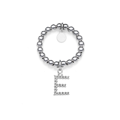 Elastic Boule Ring with Sparkling Letter E Charm in Sterling Silver