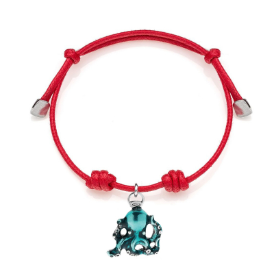 Cotton Cord Bracelet with Octopus Charm in Sterling Silver and Enamel