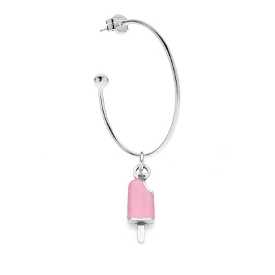 Large Hoop Single Earring with Strawberry Popsicle Charm in Sterling Silver and Enamel