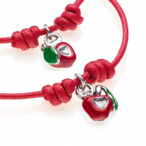 Waxed Cotton Bracelets with Right and Left Apple Heart Charms in Sterling Silver and Enamel