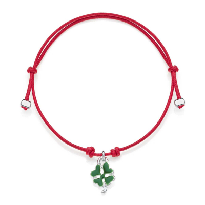 Mini Cotton Cord Bracelet with Mini Four-Leaf Clover Charm in Sterling Silver and Enamel