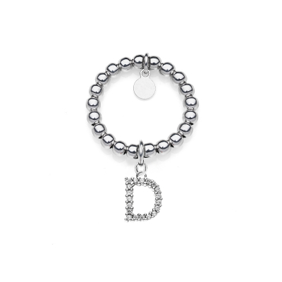 Elastic Boule Ring with Sparkling Letter D Charm in Sterling Silver