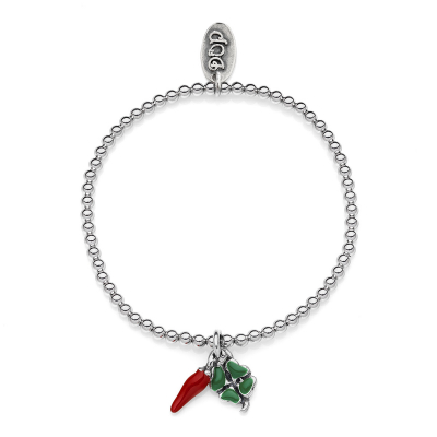 Elastic Boule Bracelet with Mini Chili and Four-Leaf Clover Lucky Charms in Sterling Silver and Enamel